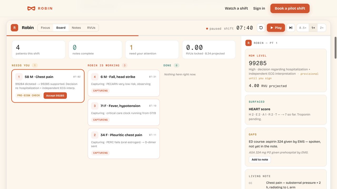 Robin’s synthetic shift demo: a patient board beside clinical feedback and a living note.
